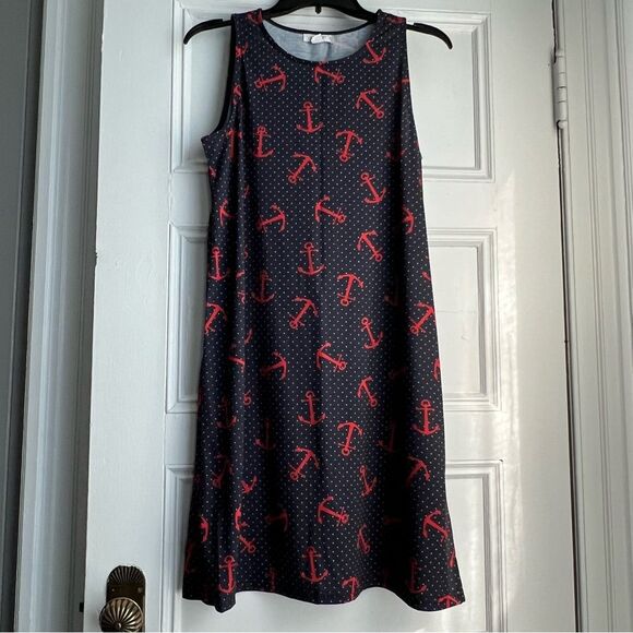 Exist Navy Blue w/White Polka Dot & Red Anchors Crewneck Sleeveless Dress S NWOT - Picture 1 of 5